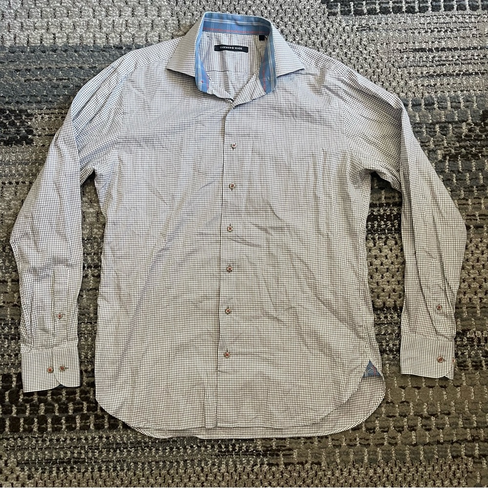 Men’s Hammer Made Long Sleeve Button Down in Gray Blue Windowpane, Neck 15.5